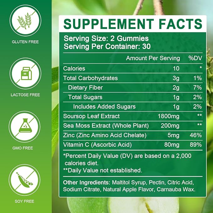 Soursop Graviola Gummies with Sea Moss Extract - Antioxidant, Cell Support & Regeneration, Immune Support, Soursop Leaves Gummies with Sea Moss, Vitamin C & Zinc, Apple Flavor - 60 Gummies(2 Pack)