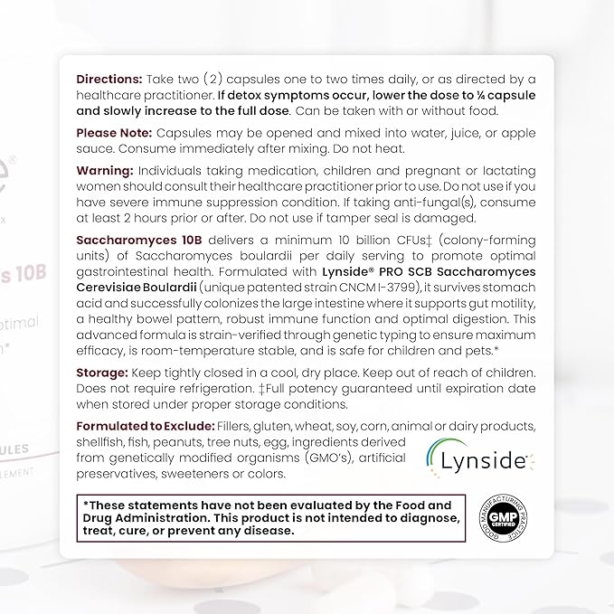 Saccharomyces 10B - Saccharomyces Boulardii, 10 Billion CFU Per Serving, Patented Strain: Lynside CNCM I-3799, Probiotic Capsules, Probiotics for Men and Women - 60 Count