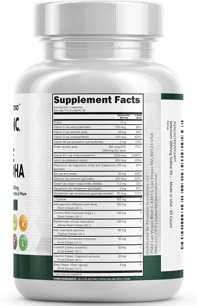 Clean Nutraceuticals Selenium 300mcg Zinc 50mg Iodine 500mcg L Tyrosine 500mg Ashwagandha - Thyroid Support Supplement for Women & Men w/Bladderwrack, Turmeric, Kelp, Schisandra - 60 Capsules