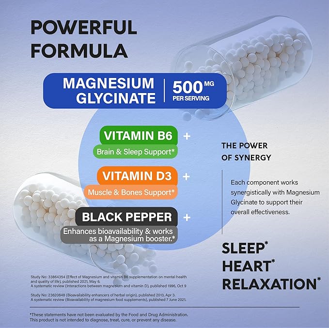 Magnesium Glycinate 500 mg - Chelated Supplement - with Vitamin B6 & D3 - High Absorption 98% - Support for Sleep, Muscle & Heart Health - Made in USA, Lab Tested & Non-GMO - 240 Capsules