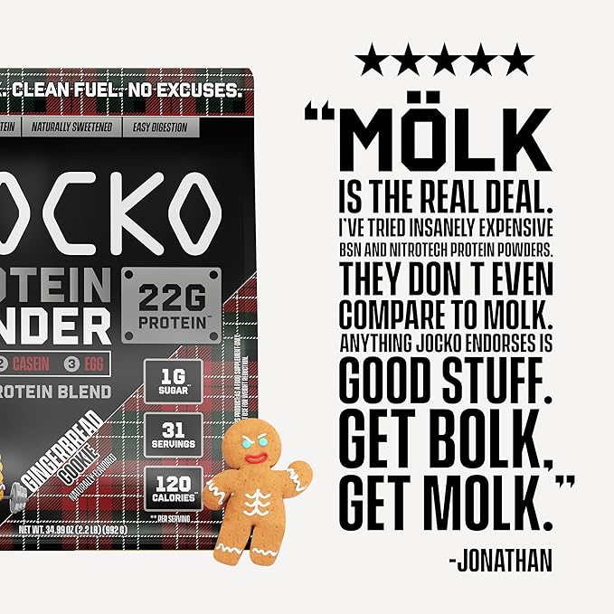Jocko Mölk Whey Protein Powder - Keto, Probiotics, Grass Fed, Digestive Enzymes, Amino Acids, Sugar Free Monk Fruit Blend - Muscle Recovery & Growth (31 Servings (Pack of 1), Gingerbread Cookie)