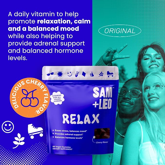Relax - All Natural & Vegan Calm and Relaxation Gummies for Teens and Kids with Ashwagandha, Vitamin D2, and Zinc - Cherry Flavored - 60/ct
