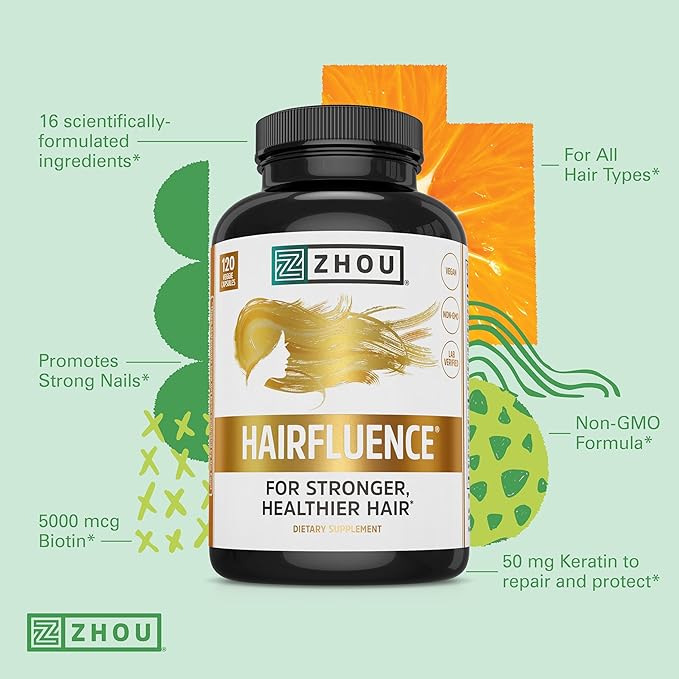 ZHOU Hairfluence, Hair Growth Supplement with Clinically Studied Lustriva and Keranat and Hair Vitamins Biotin 5000mcg, Vitamin D, A, C & B12, Non-GMO, Gluten Free, 120 VegCaps