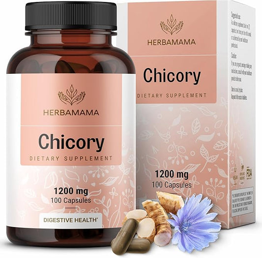 HERBAMAMA Chicory Inulin Capsules - 1200 mg Chicory Root for Digestive Health - Inulin Prebiotic Fiber Gut Health Supplement - Vegan, Non-GMO - 100 Caps