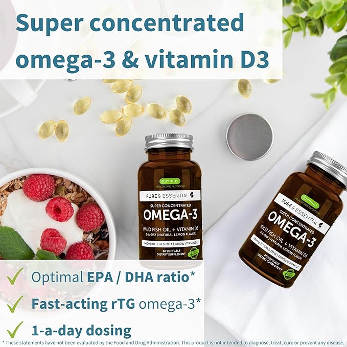 Advanced Omega-3 Wild Fish Oil & Vitamin D3 1000iu, 1-a-Day, Triglyceride Form EPA & DHA Fatty Acids, Fast-Acting rTG, Ultra Pure & Non-GMO, 360 Softgels, by Igennus