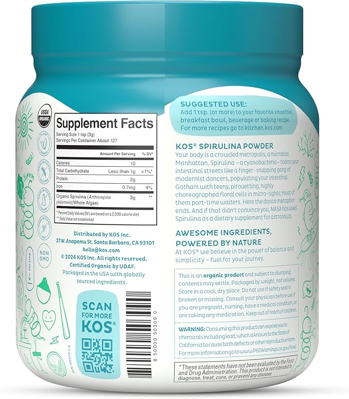 KOS Organic Spirulina Powder - USDA Certified Organic, 109 Servings of Superfood Powder for Smoothies & Juices, Non-Irradiated Blue Green Algae, Plant Based with Antioxidants, Vegan (13.5oz)