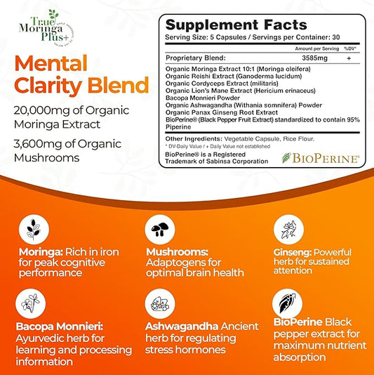 Focus Support Supplement 10:1 Extract | 20,000mg of Organic Moringa, Reishi, Cordyceps, Lion’s Mane, Ashwagandha, Bacopa Monnieri | Memory & Brain Health for Adults (150 Capsules)