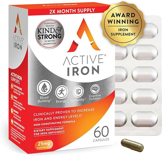 Active Iron High Potency Iron Supplement, 2X Better Absorption & Non-Constipating, Helps Support Energy, Iron Pills for Women & Men, 25mg (60 Capsules)