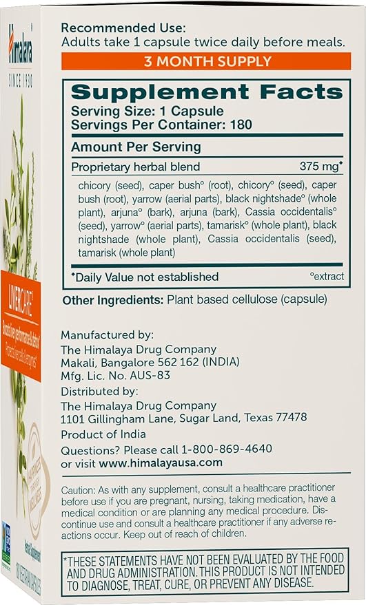 Himalaya LiverCare Herbal Supplement, Liver Cleanse, Liver Support, Eliminates Waste, Cleansing, Vegan, Non-GMO, Herbal Blend, 375 mg, 180 Capsules, 90 Day Supply