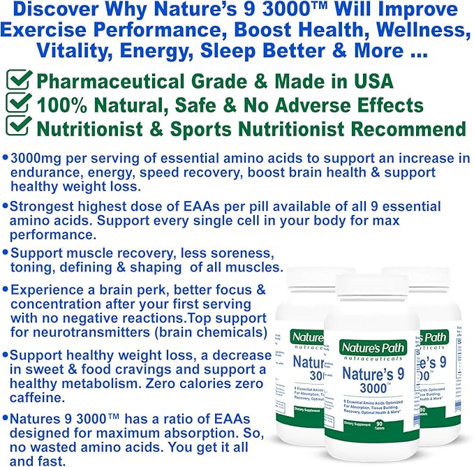 Nature's 9 3000 Essential Amino Acids Supplement, Best EAA Amino Acid Complex All 9 Essential Amino Acid Pills, Vegan Aminos 90 Pill 1 Gram Per Tablet
