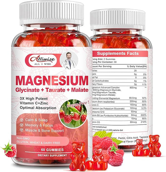 Magnesium Glycinate Gummies 500mg, Magnesium Glycinate for Adults&Kids Sugar-Free,Magnesium Complex w/Taurate,Malate, Calcium, COQ10 for Sleep & Relaxation, Calm,Brain, Muscle,Non-GMO, Vegan