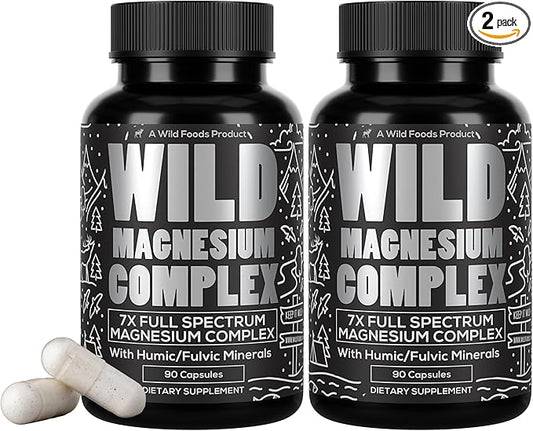 Wild Foods Magnesium Complex Supplement with 7X Forms, 90 Capsules | High Absorption, Full Spectrum, Easy Digestion | 500mg Glycinate, Bisglycinate, Malate, Orotate, Citrate, Taurate