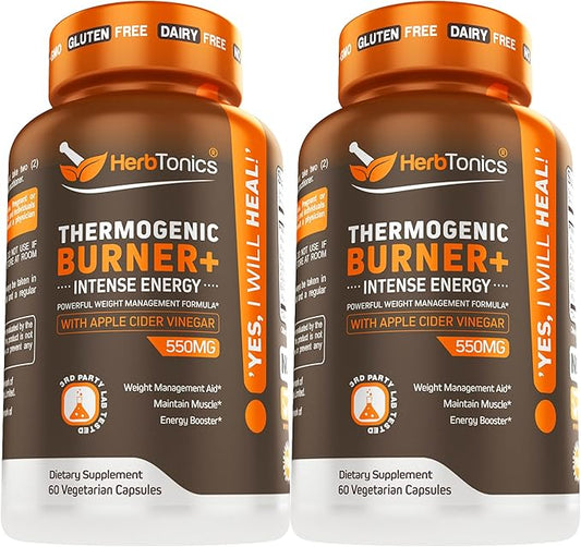 Herbtonics Thermogenic Supplement | Metabolic Health & GLP-1 Support for Men & Women | Clean Energy & Mental Focus | ACV, Green Tea Extract & Caffeine | 120 Veg Capsules