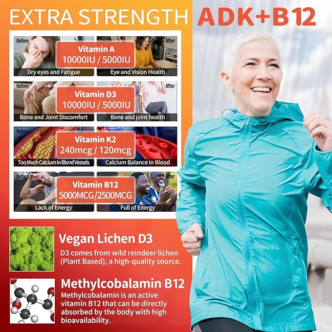 Methylated Multivitamin Women Men, Vitamin D3 K2 5000IU / 10,000IU, B12 5000 mcg 2500mcg, K2 (MK-7) 240mcg- ADK+Methyl Vitamin B12, Vegan D3,Vitamin A,C,Zinc Eye,Bone,Energy,Immune, Sugar-Free Gummies