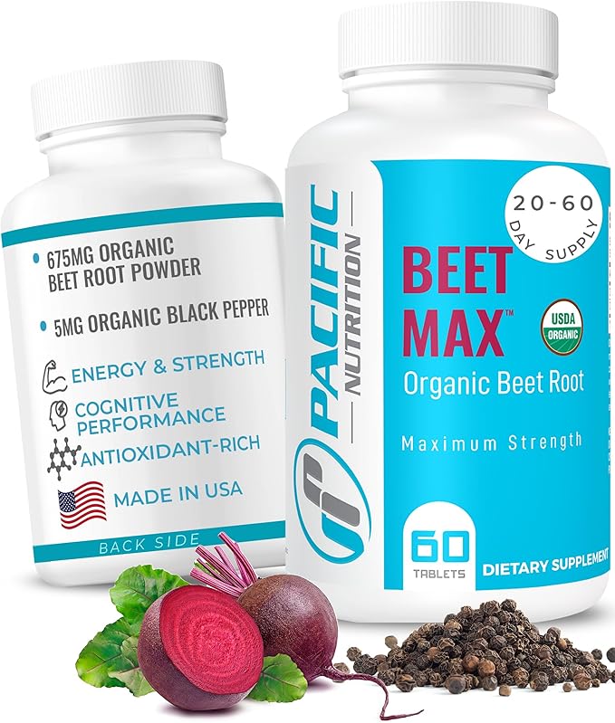 Beet Root Powder Supplement, 60 Tablets - 675mg Organic Beet Powder for Stamina & Energy Support, Brain Health Boost & Normal Blood Pressure Support - Made in The USA - Beet Max
