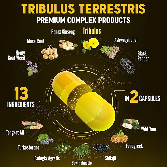 Zolotus 13in1 Tribulus Terrestris Capsules with Maca, Horny Goat Weed, Panax Ginseng, Saw Palmetto, Tongkat Ali, Shilajit & More - Energy, Stamina Supplement for Men & Women - 120 Counts