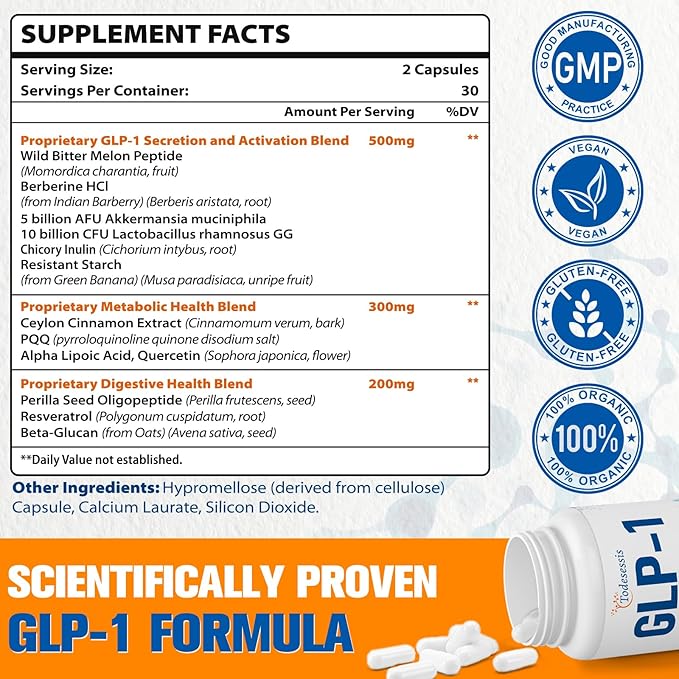 GLP-1 Supplement, GLP1 Supplement with Akkermansia Probiotic, Berberine HCI & Chicory Inulin, Natural GLP-1 Support, GLP-1 for Metabolism, Digestive & Intestinal Health - Vegan, Non-GMO, 60 Capsules