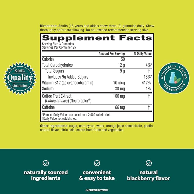 NEURIVA Brain + Energy Gummies, Nootropic Brain Supplements for Focus and Concentration with Neurofactor, Vitamin B12 & Caffeine for an Energy Boost*, 75ct Natural BlackBerry