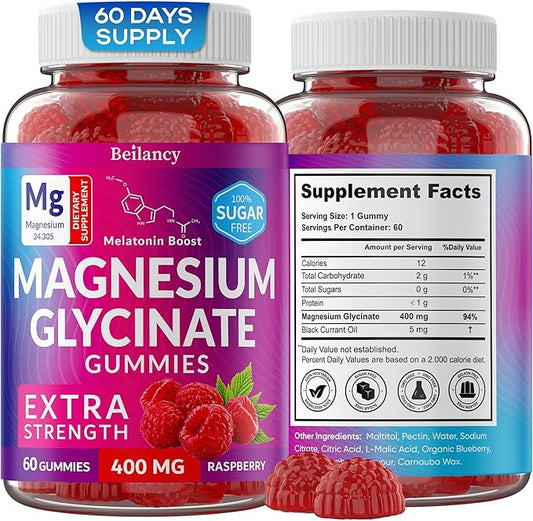 Magnesium Glycinate Gummies 400mg, Magnesium for Slеep, Body Support and Relaxation, Raspberry Magnesium Gummies for Adults with Blackcurrant Oil, Sugar Free, Non GMO, Gluten Free, 60 Days Supply
