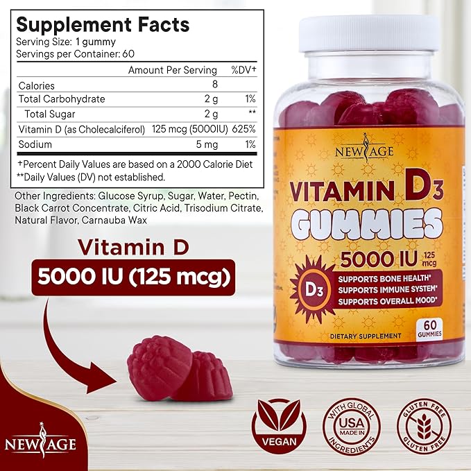 NEW AGE Vitamin D3 5000 IU 125mcg Gummies - Support Immune Support, Strong Bone Health - Non-GMO, Gluten-Free, Dairy-Free, No Gelatin (120 Gummies (Pack of 2))