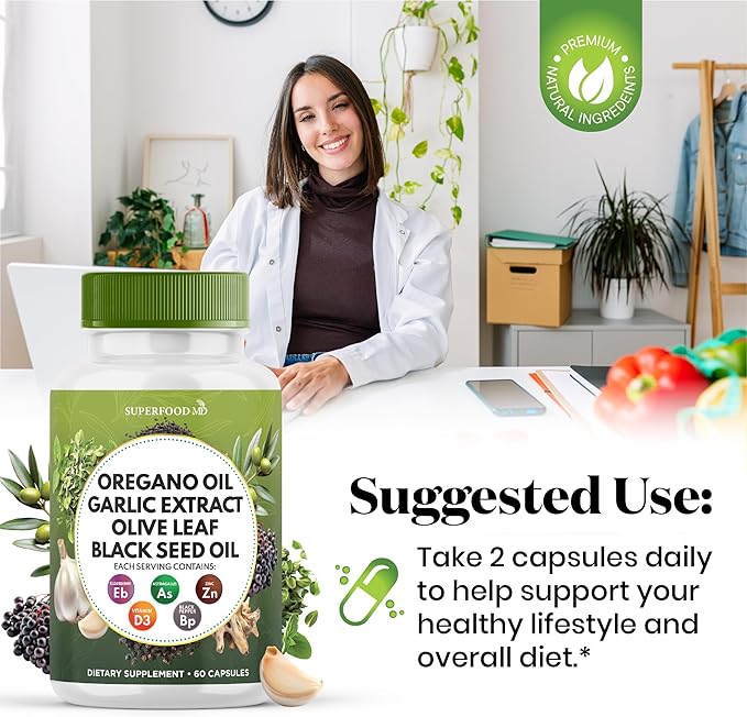 Oregano Oil 6000mg Garlic Extract 4000mg Olive Leaf 3000mg Black Seed Oil 3000mg Astragalus-Immune Support & Digestive Health Supplement for Women and Men- 60 Count