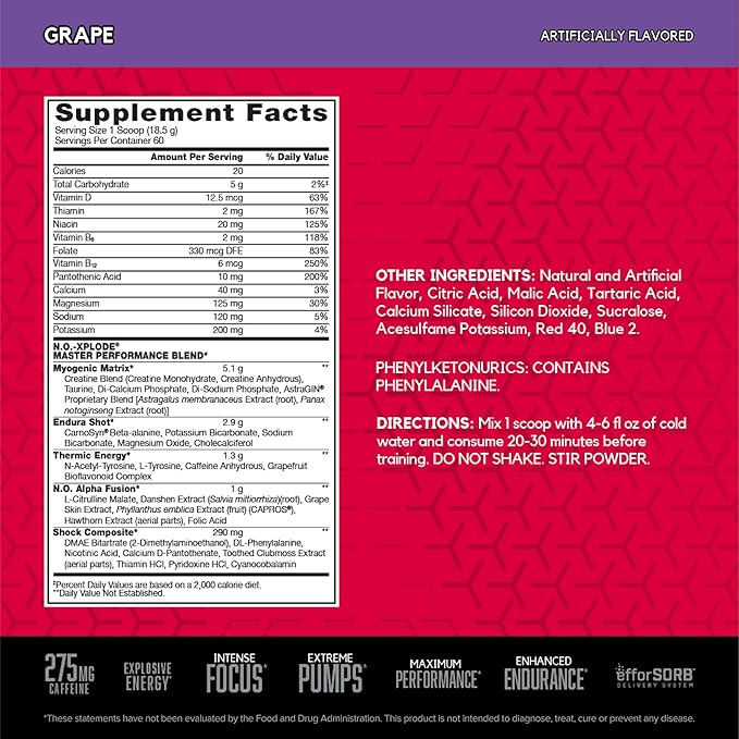 BSN N.O.-XPLODE Pre Workout Powder, Energy Supplement for Men and Women with Creatine and Beta-Alanine, Flavor: Grape, 60 Servings