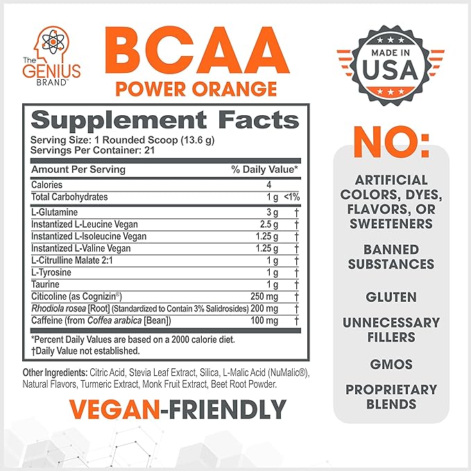 Genius BCAA Energy Powder, Orange - Nootropic Amino Acids & Muscle Recovery - Natural Vegan BCAAs Workout Supplement for Women & Men (Pre, Intra & Post Workout) - No Artificial Sweeteners