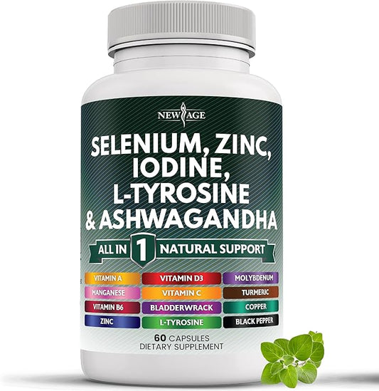 Selenium, Zinc, Iodine, L Tyrosine, Ashwagandha - Thyroid Support Supplement for Women and Men with Bladderwrack, Turmeric, Silica Kelp, Schisandra - 60 Count