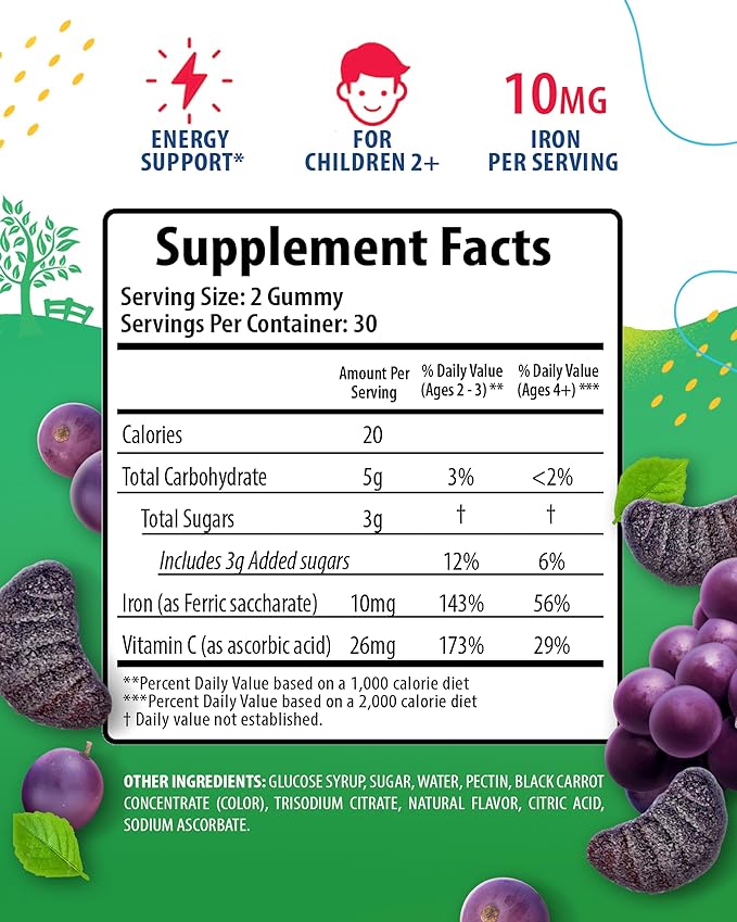 SUNNY SAM Iron Gummies for Kids & Teens - 10mg Iron Vitamins with Vitamin C - Low-Sugar Chewable Iron Gummy Supplement for Immune Support, Supports Red Blood Cell Production for Children & Teen Girls