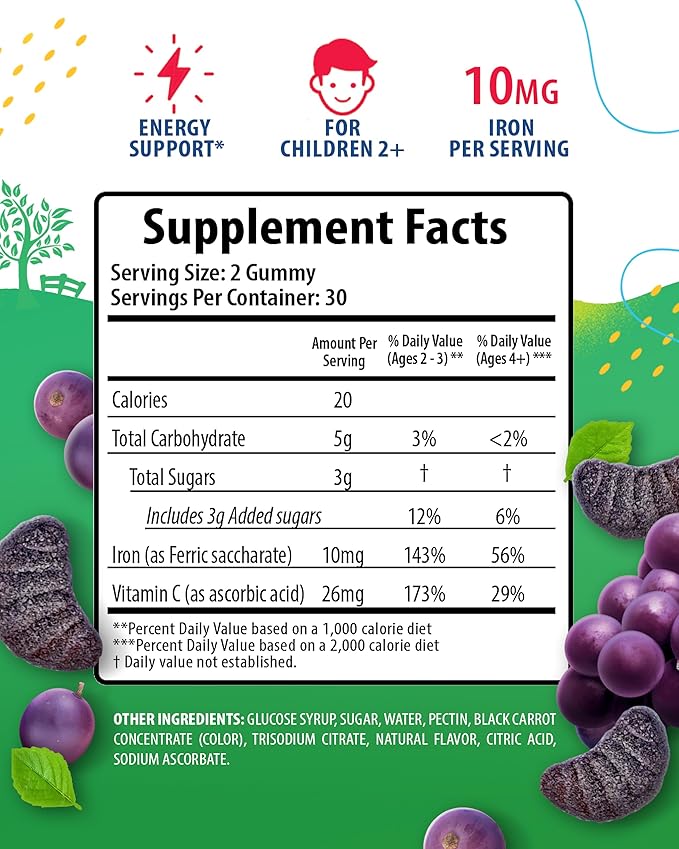 SUNNY SAM Iron Gummies for Kids & Teens - 10mg Iron Vitamins with Vitamin C - Low-Sugar Chewable Iron Gummy Supplement for Immune Support, Supports Red Blood Cell Production for Children & Teen Girls