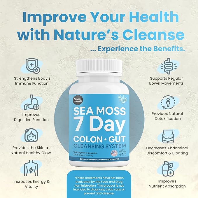 Atlantic Naturals - Sea Moss 7-Day Cleanse Colon & Gut Detox Capsule - Juice Cleanse Support with Psyllium Husk Senna Powder - Body Cleanse and Detox for Women & Men - 180 Sea Moss Capsules