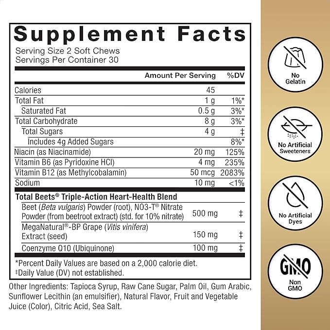 FORCE FACTOR Total Beets Ultimate Heart Health Blood Pressure Support Chews with CoQ10, Beet Root Powder, Grape Seed Extract, Blood Pressure Supplement for Circulation & Blood Flow, 60 Soft Chews