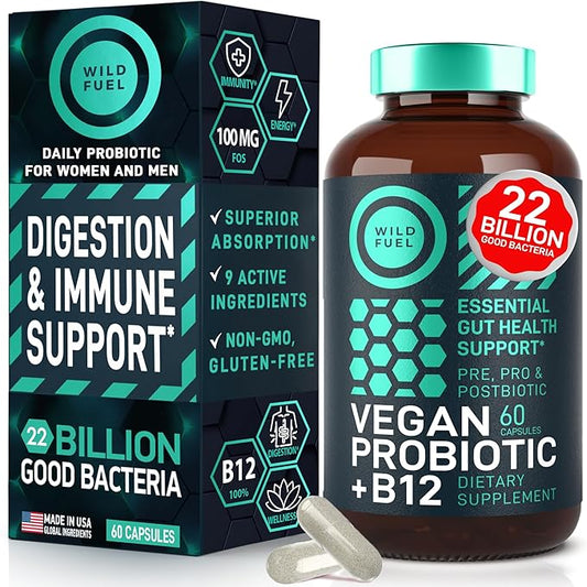 Vegan Probiotic Plus B12-22 Billion CFU Synbiotics Probiotics & Prebiotic for IBS, Digestive & Gut Health, Mood Support - B12 with FOS Pre Pro Post Biotics for Women & Men - 60 Gluten-Free Capsules