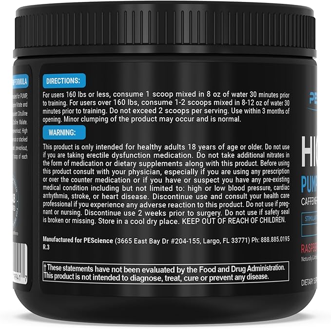 PEScience High Volume Nitric Oxide Booster Pre Workout Powder with L Arginine Nitrate, Raspberry Lemonade, 36 Scoops, Caffeine Free