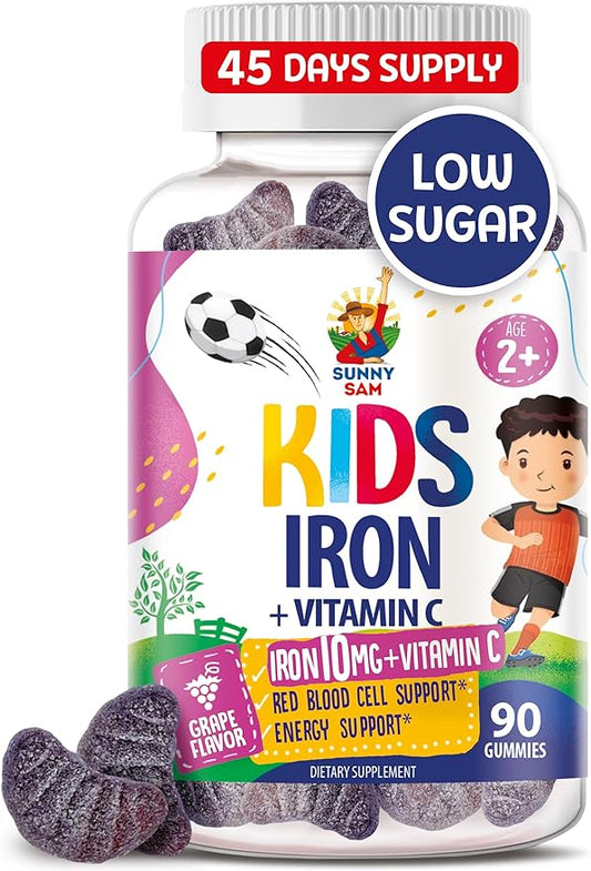 SUNNY SAM Iron Gummies for Kids & Teens - 10mg Iron Vitamins with Vitamin C - Low-Sugar Chewable Iron Gummy Supplement for Immune Support, Supports Red Blood Cell Production for Children & Teen Girls