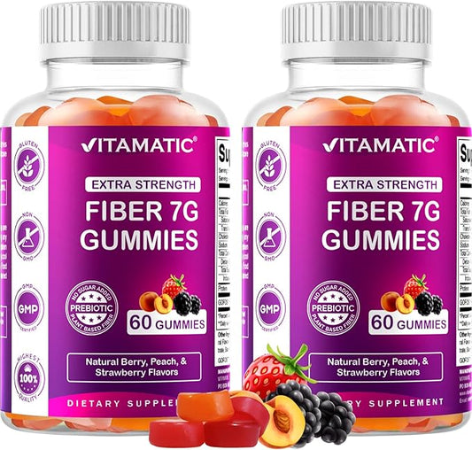Vitamatic 2 Pack Prebiotic Fiber Gummies for Adults - 7G Fiber Extra Strength - Zero Sugar Added - 60 Pectin Based Gummies - Digestive Health & Regularity Support, (Total 120 Count)