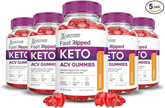 (5 Pack) Fast Ripped Keto ACV Gummies Advanced Formula 1000MG Fast Ripped Keto Gummies Apple Cider Vinegar Formulated with Pomegranate Beet Juice Powder B12 Vegan Non GMO 300 Gummys