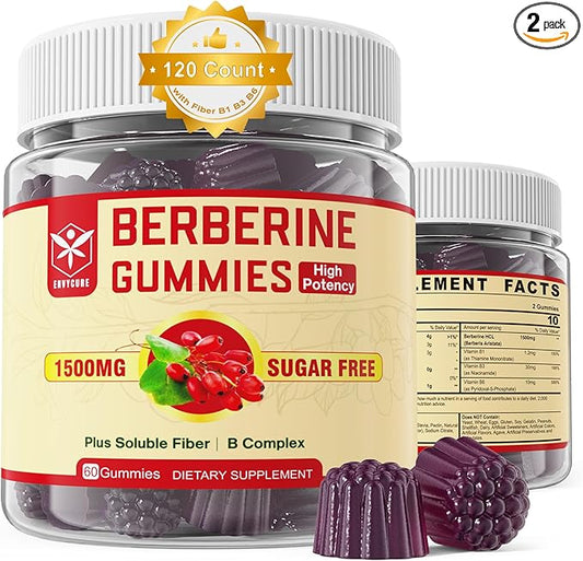 Berberine Supplement 1500mg with Soluble Fiber, B1, B3 & B6, Sugar Free Berberine HCL Gummies, High Bioavailability AMPK Activitor for Metabolism Balanced, Daily Digestive & Gut Health, 120 Cts