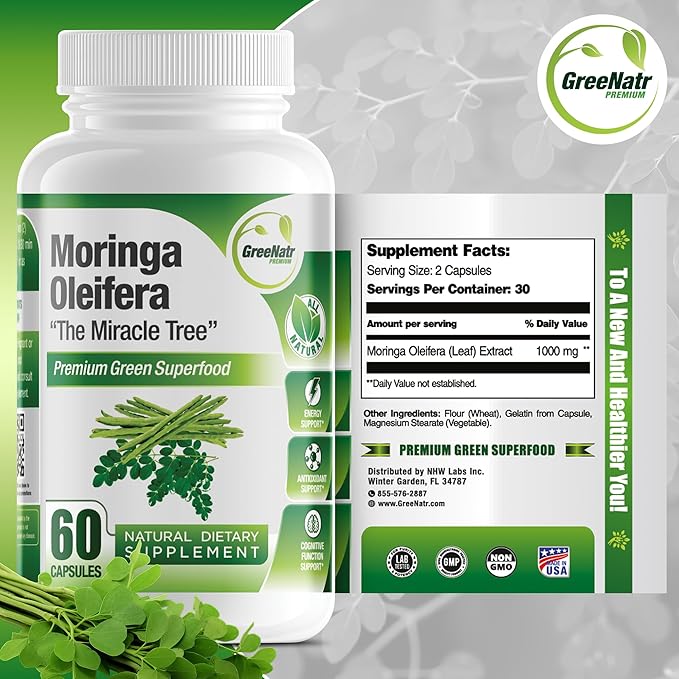 Pure Moringa Oleifera Green Superfood Capsules with Vitamin C, Omega 3 & Amino Acids - Boosts Energy, Mood, Memory, Immune Support - Made from Organic Moringa, Non-GMO - 60 Capsules (1 Bottle)