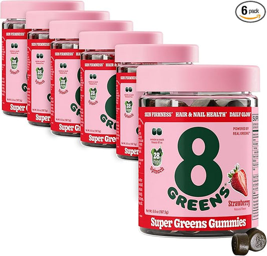 8Greens Supergreens Beauty Gummies with Collagen & Biotin | Super Greens Powder Superfood Gummy for Healthy Skin, Hair, Nails, Glow, and Firmness, Superfood Booster, Strawberry Flavored, 300 Count