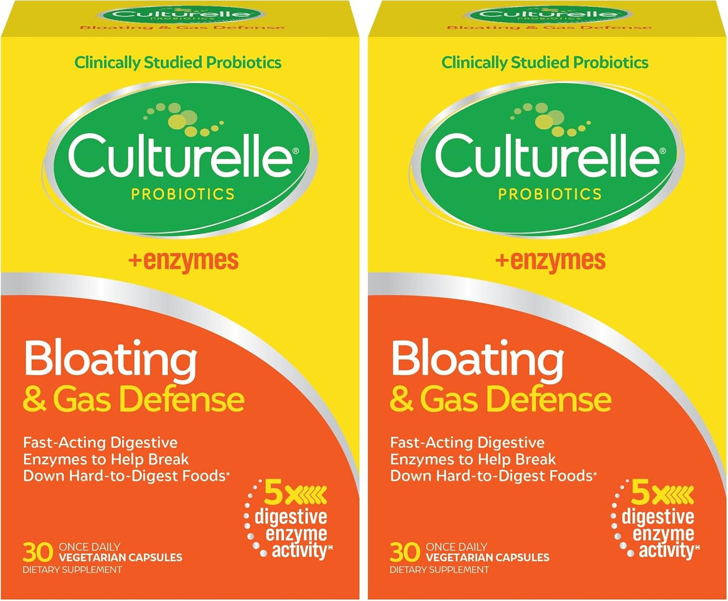 Culturelle Bloating & Gas Defense, Digestive Enzymes & Probiotics for Digestive Health, 30 Capsules, Supports Occasional Indigestion & Discomfort (Pack of 2)