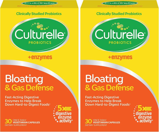 Culturelle Bloating & Gas Defense, Digestive Enzymes & Probiotics for Digestive Health, 30 Capsules, Supports Occasional Indigestion & Discomfort (Pack of 2)