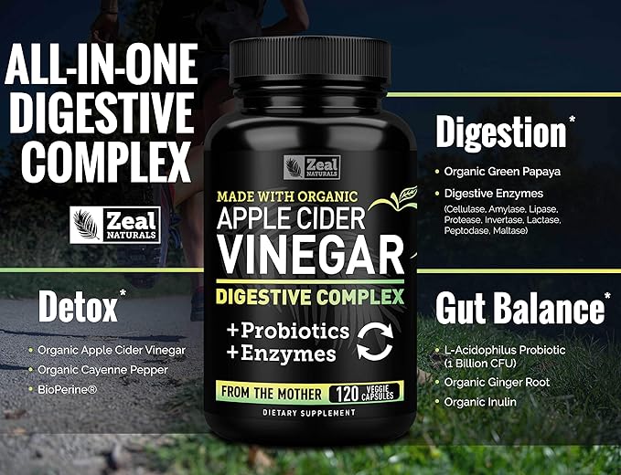 Organic Apple Cider Vinegar Capsules + Digestive Enzymes & Probiotics (1500mg | 120 Capsules) Raw Apple Cider Vinegar Pills & Fiber Supplement for Gut Health, Immune Support, Digestion & Detox Cleanse