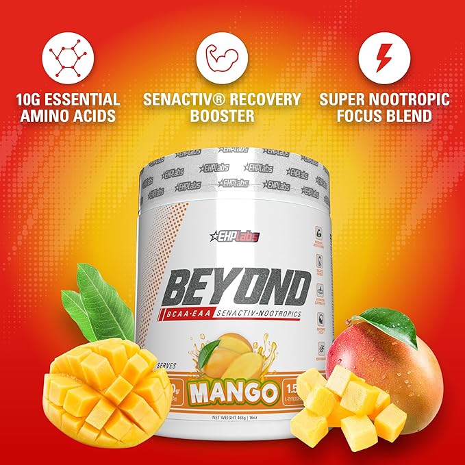 EHP Labs Beyond BCAA Powder Amino Acids Supplement for Muscle Recovery - 8g of Sugar Free BCAAs Amino Acids Post Workout Recovery Powder & 10g of EAA Amino Acids Powder - 60 Servings (Mango)