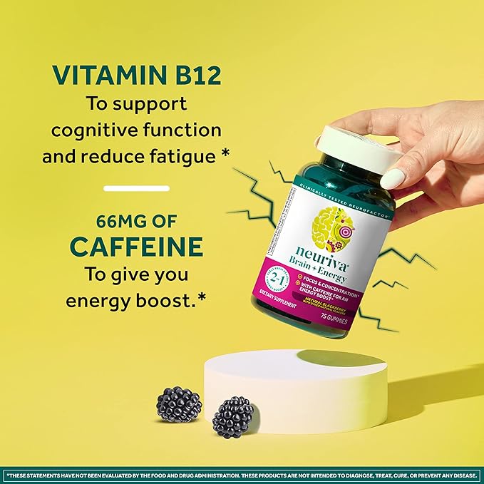 NEURIVA Brain + Energy Gummies, Nootropic Brain Supplements for Focus and Concentration with Neurofactor, Vitamin B12 & Caffeine for an Energy Boost*, 75ct Natural BlackBerry
