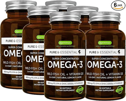 Advanced Omega-3 Wild Fish Oil & Vitamin D3 1000iu, 1-a-Day, Triglyceride Form EPA & DHA Fatty Acids, Fast-Acting rTG, Ultra Pure & Non-GMO, 360 Softgels, by Igennus