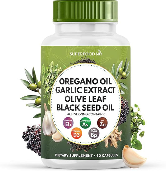 Oregano Oil 6000mg Garlic Extract 4000mg Olive Leaf 3000mg Black Seed Oil 3000mg Astragalus-Immune Support & Digestive Health Supplement for Women and Men- 60 Count