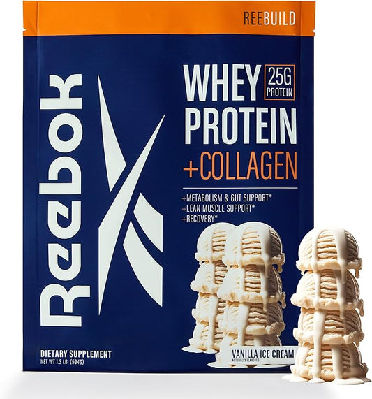 Reebok ReeBuild Whey Protein + Collagen | 25g Protein, 9 Essential Amino Acids | Muscle Growth, Joint Health, Gut Support | Post Workout Recovery Powder | Vanilla Ice Cream