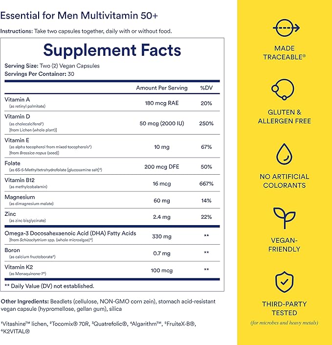 Ritual Multivitamin for Men 50 and Over with Zinc, Vitamin A and D3 for Immune Function Support*, Omega-3 DHA, B12, K2, Gluten Free, Non-GMO, Mint Essenced, 30 Day Supply, 60 Vegan Capsules