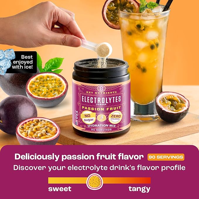 KEY NUTRIENTS Multivitamin Electrolytes Powder No Sugar - Delicious Passion Fruit Electrolyte Powder - Endurance & Energy Supplement - Hydration Powder - No Calories - 90 Servings - Made in USA